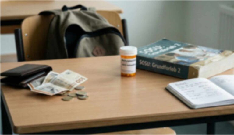 Billede af ADHD medicin på et bord sammen med SOSU bøger og et stramt budget
